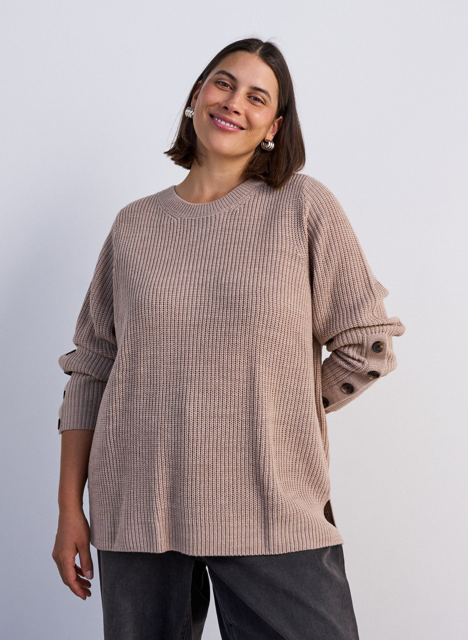 ZizzifashionKnitted blouse with ribbed texture and button details, Beige, Model image number 0