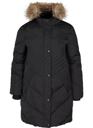 Winter jacket with a hood and faux fur collar, Black, Packshot image number 0