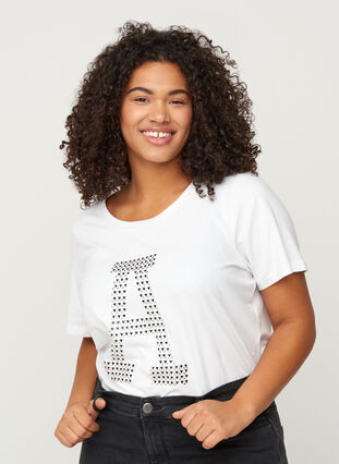 Cotton t-shirt with sequins, Bright White, Model image number 0
