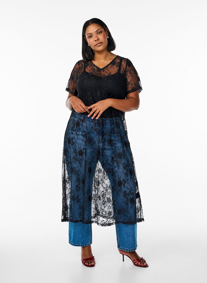 Midi-length lace dress with A-line shape, Black, Model image number 0