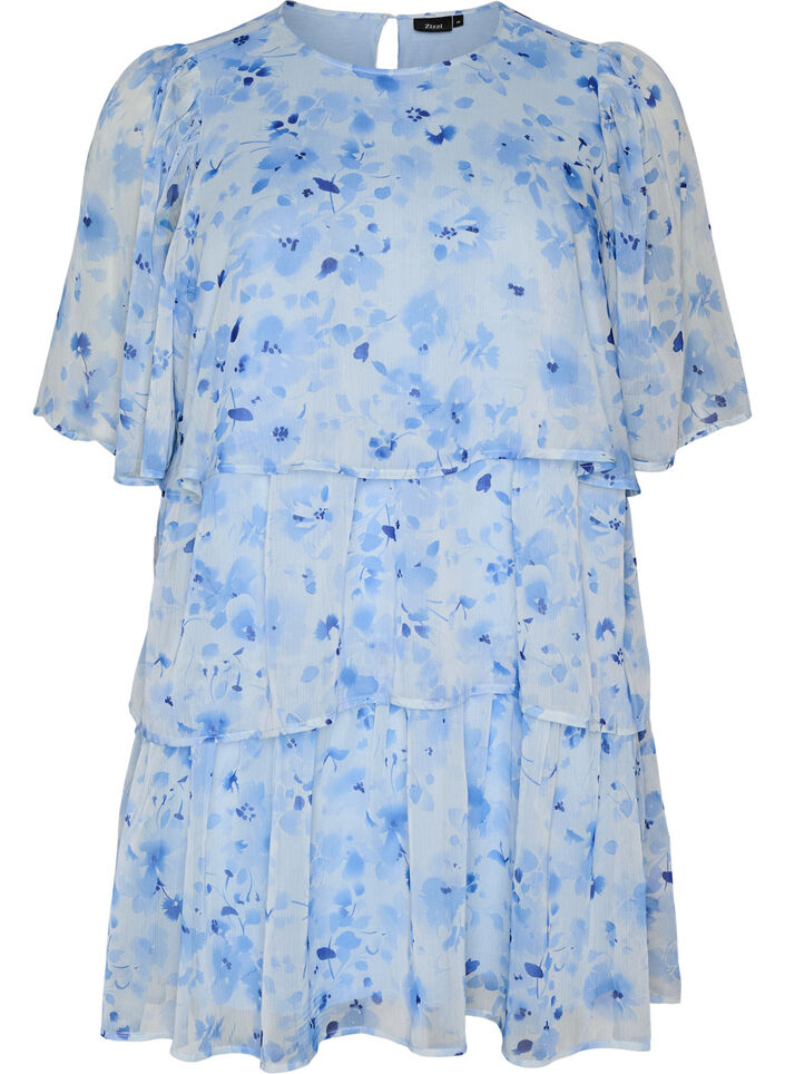 Short chiffon-look dress with floral print and ruffle layers, Blue, Packshot image number 0