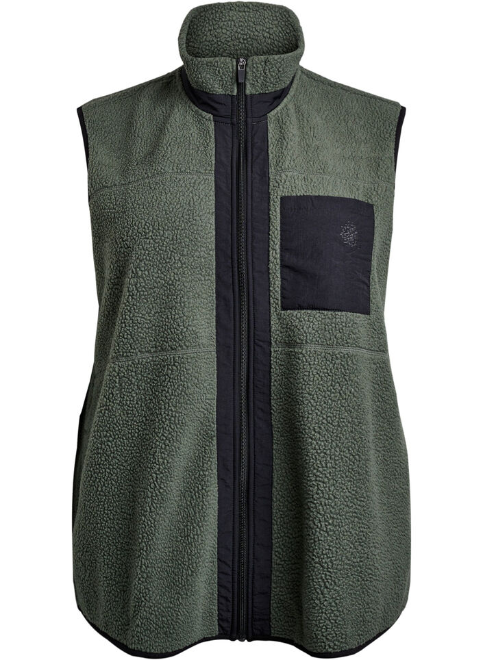Sporty teddy waistcoat with pockets, Thyme, Packshot image number 0