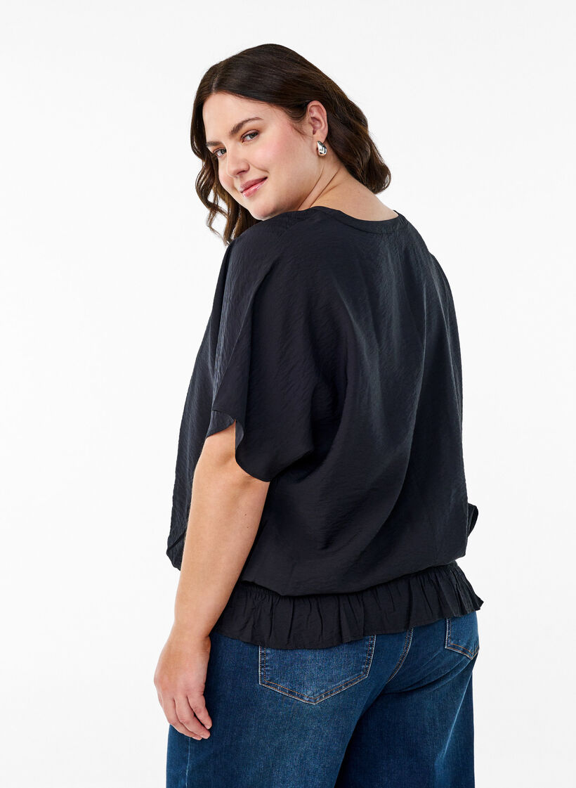 Blouse with short sleeves and a ruffled hem, Black, Model image number 2