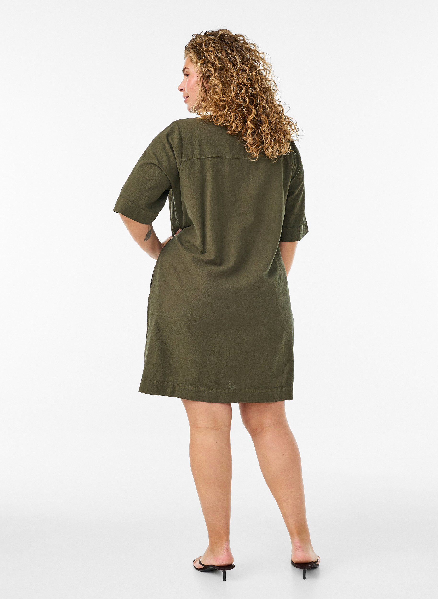 Zizzifashion Cotton dress with short sleeves and pockets, Green, Model image number 2