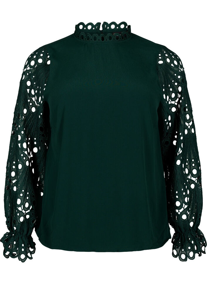 Viscose blouse with crochet sleeves, Scarab, Packshot image number 0