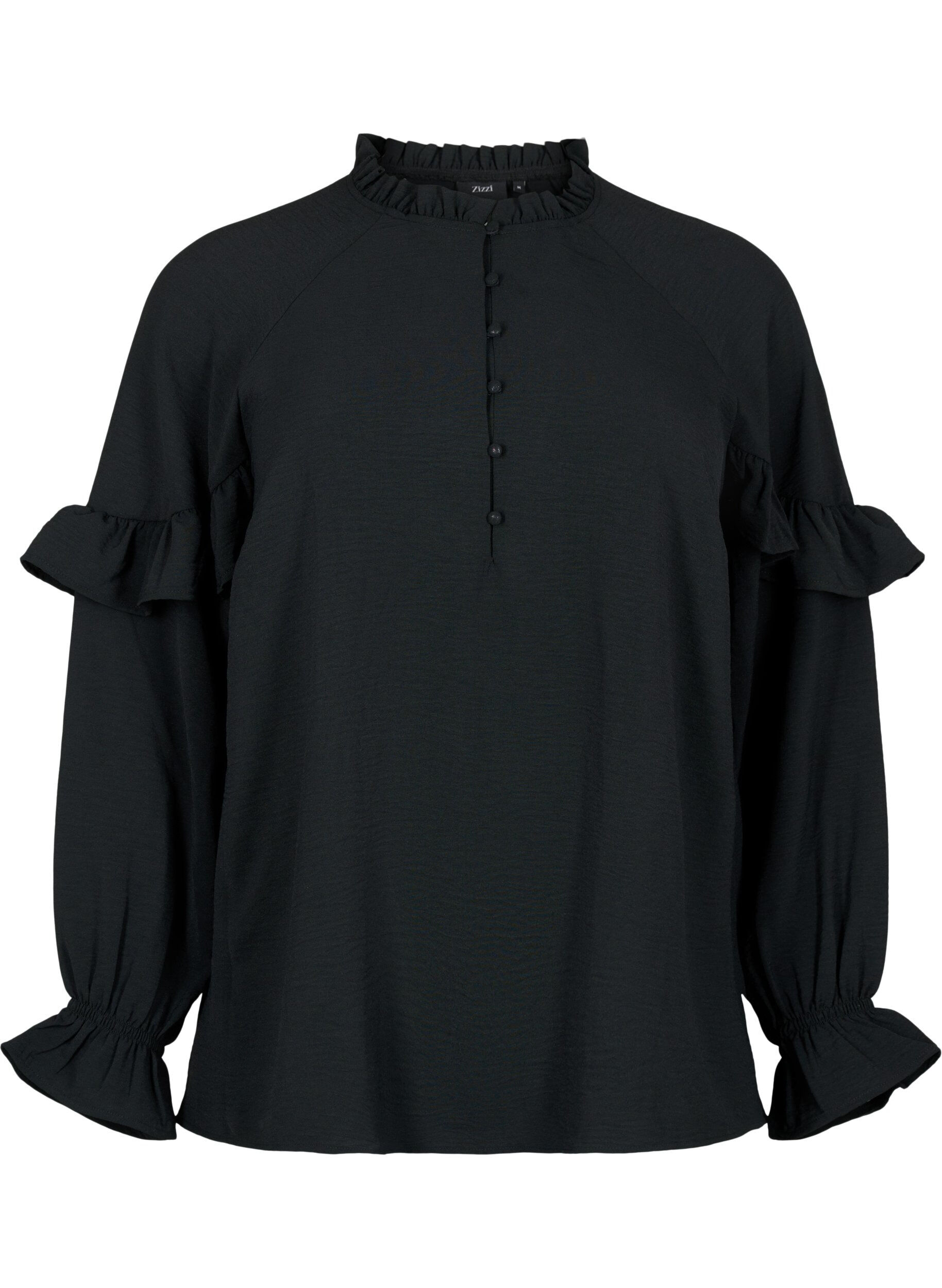 Zizzifashion Blouse with ruffles and buttons, Black, Packshot image number 0