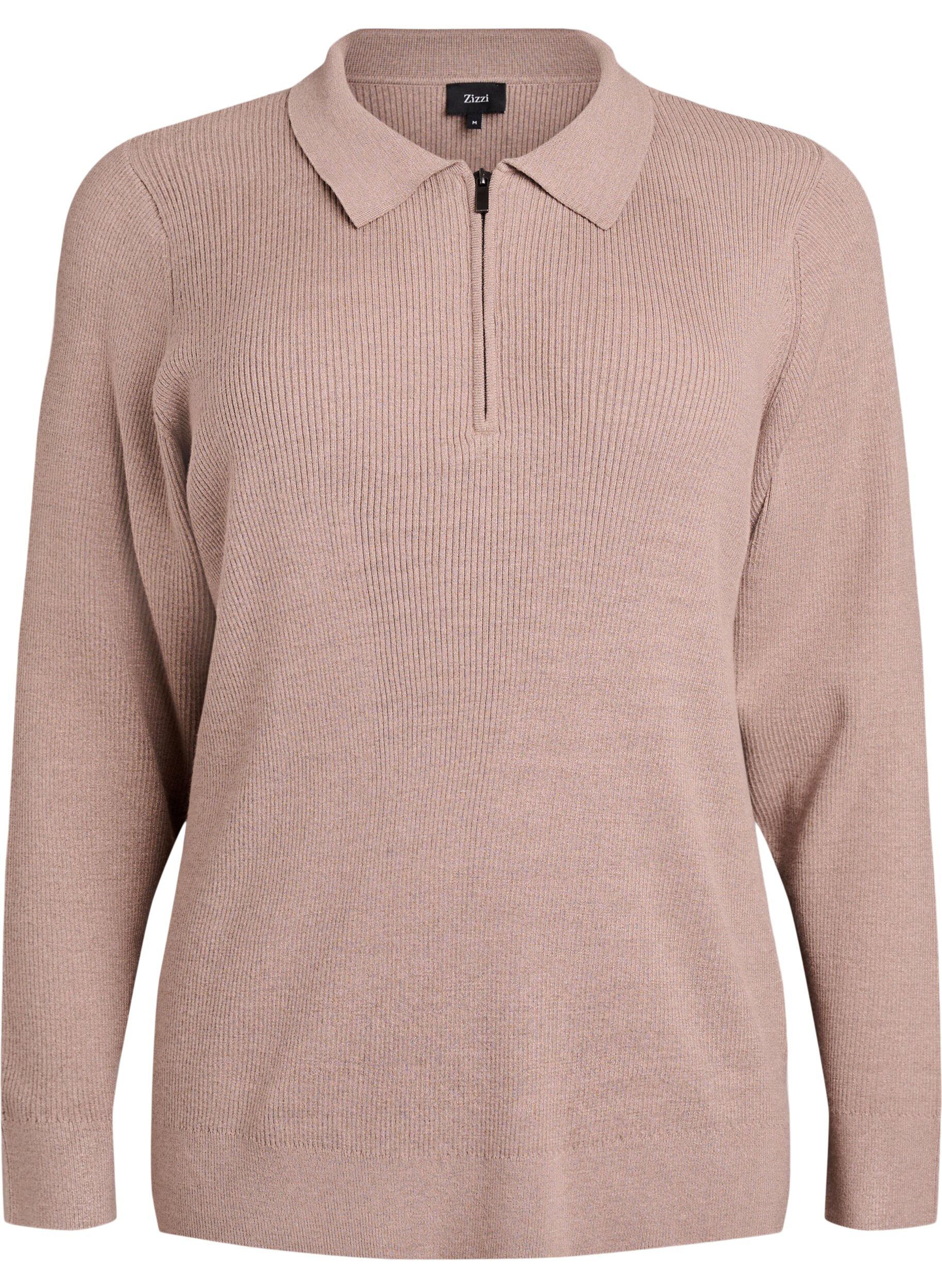 Rib-knitted pullover with polo collar and zip