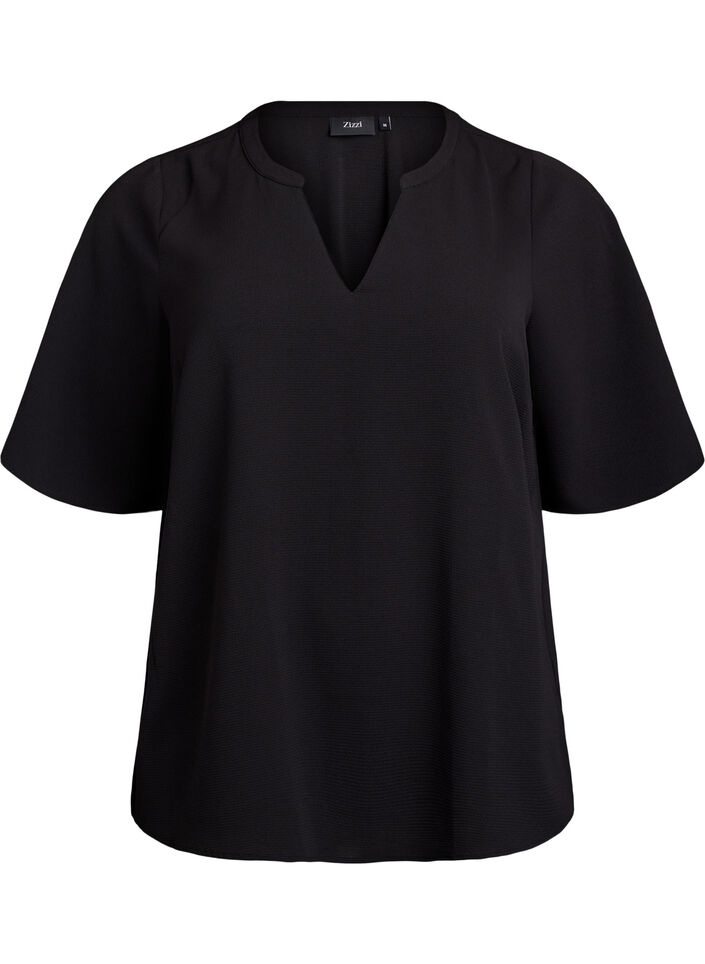 Short-sleeved blouse with V-neck, Black, Packshot image number 0