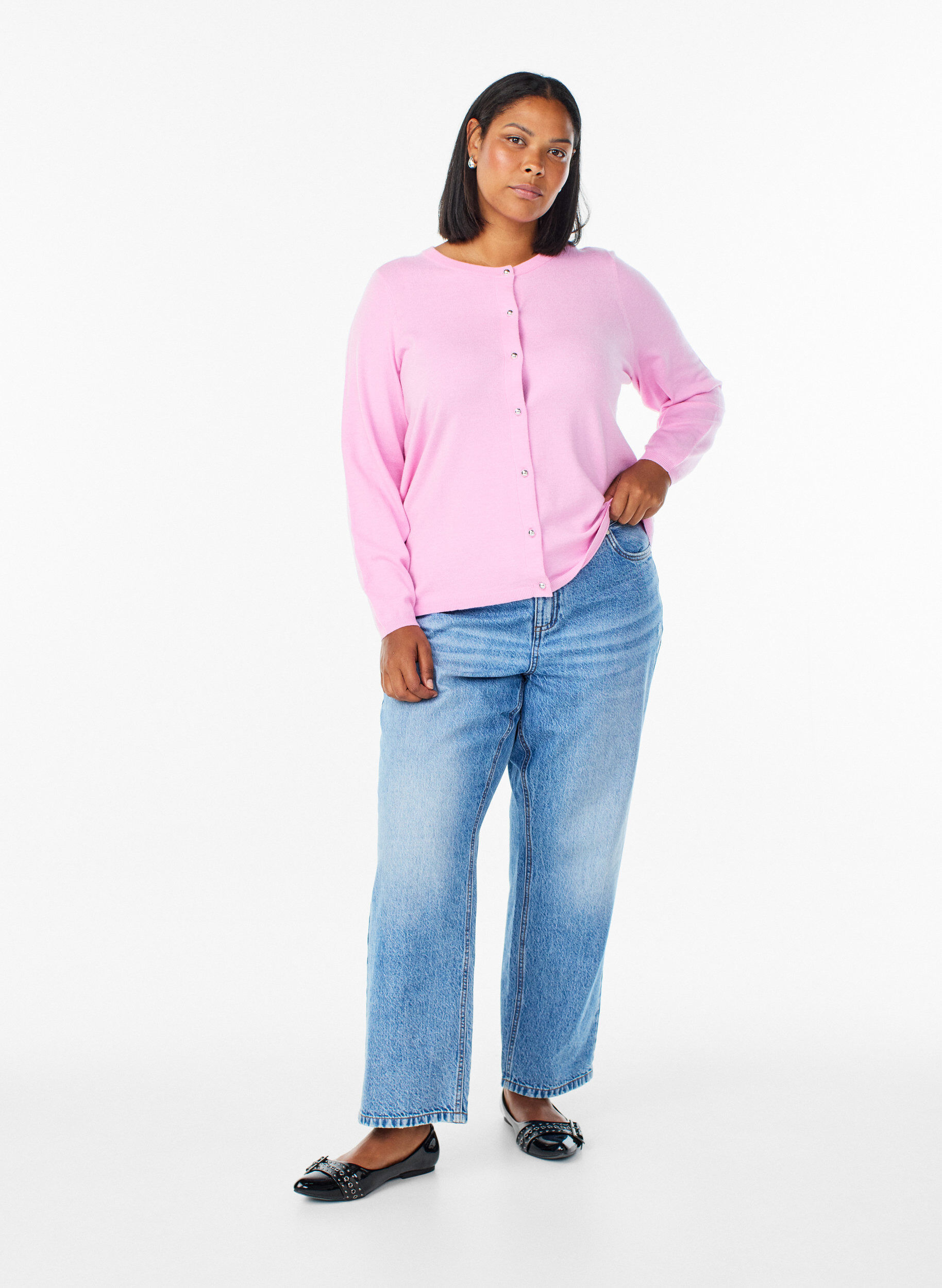 ZizzifashionCardigan with round buttons, Pink, Model image number 1