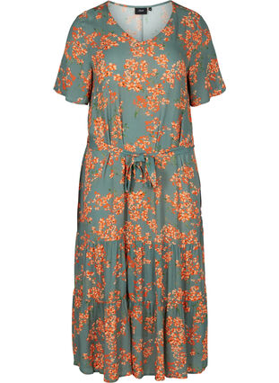 Short-sleeved midi dress in viscose, Balsam Green Flower, Packshot image number 0