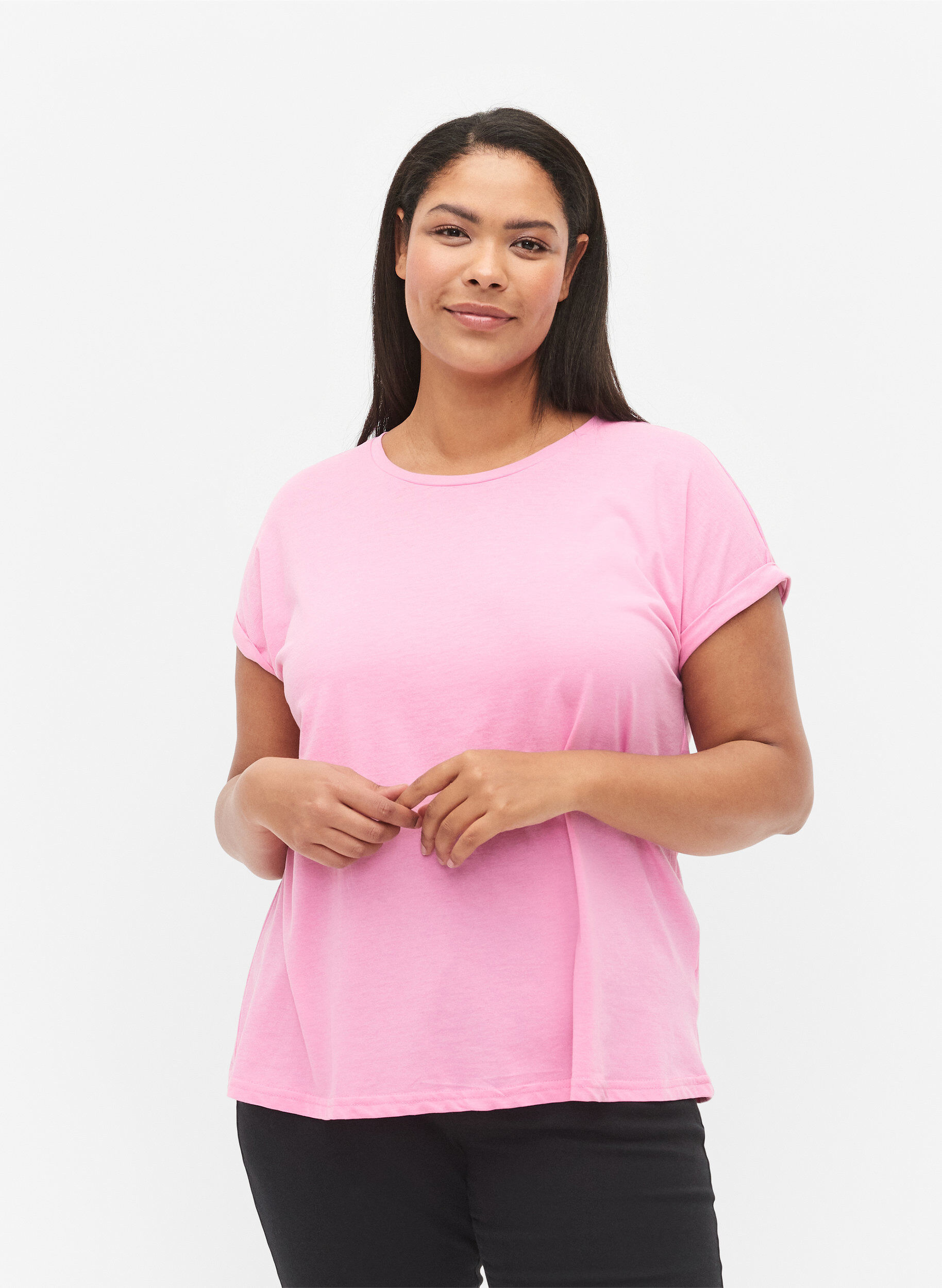 Short sleeved cotton blend t-shirt, Pink, Model