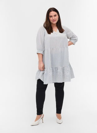 Patterned cotton dress with 3/4-length sleeves and smocking, White Check, Model image number 2