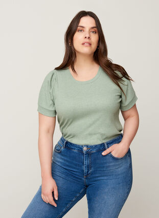 Short-sleeved ribbed t-shirt made from a viscose mix, Lily Pad, Model image number 0
