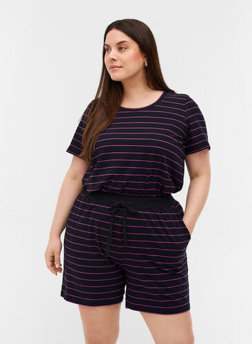 Loose Cotton Shorts with Stripes, Black w. Purple, Model image number 0