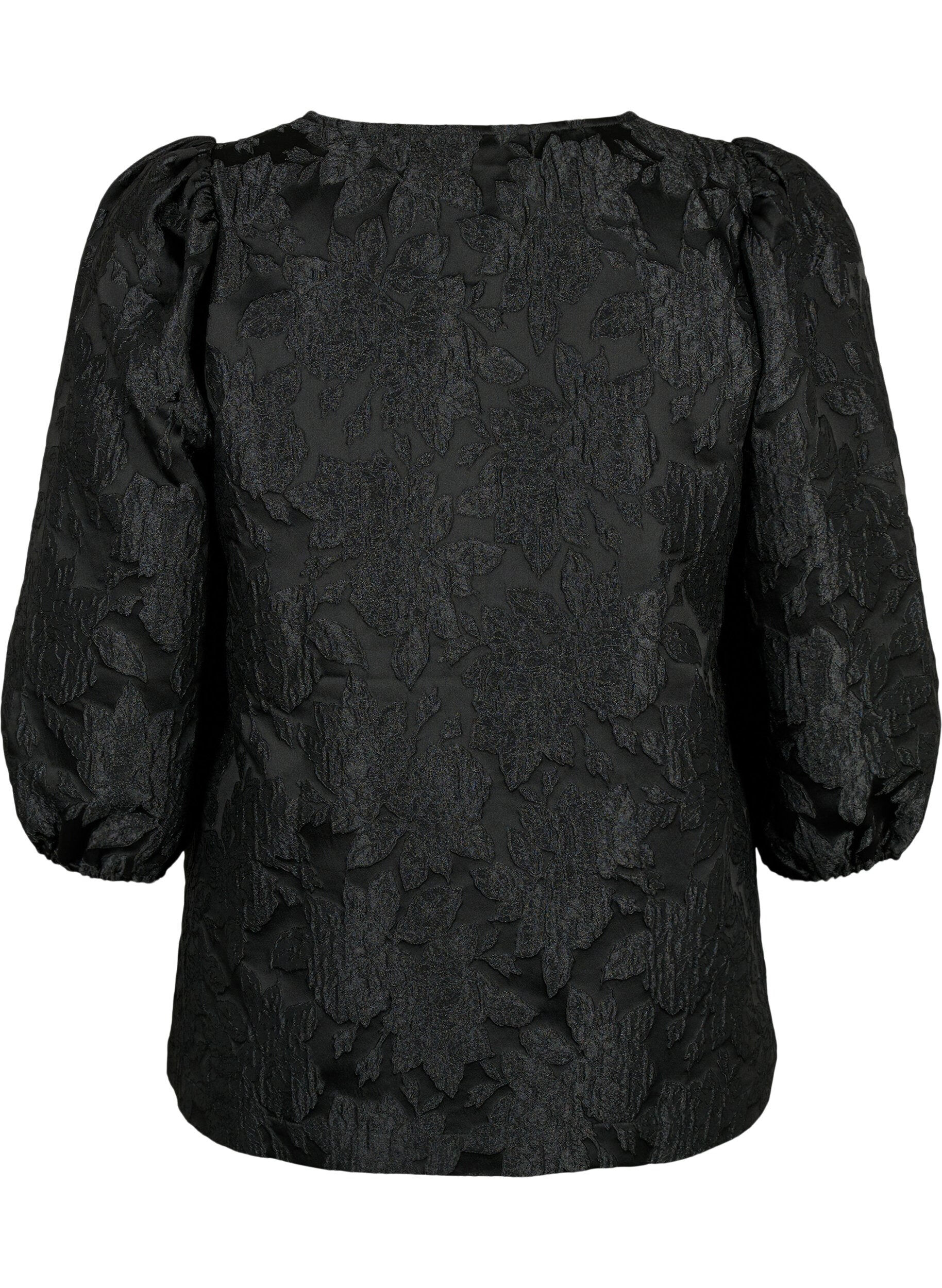 Zizzifashion Jacquard blouse with 3/4 sleeves, Black, Packshot image number 1