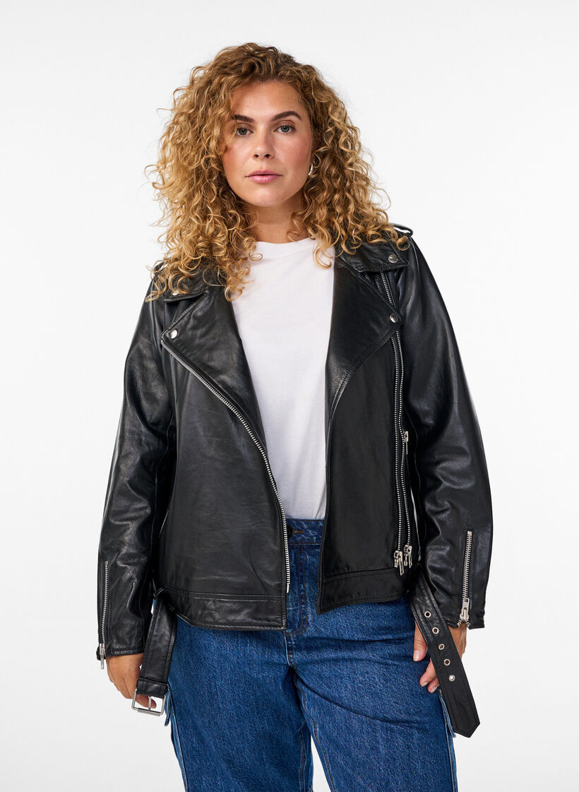 Leather biker jacket with belt, Black, Model image number 0