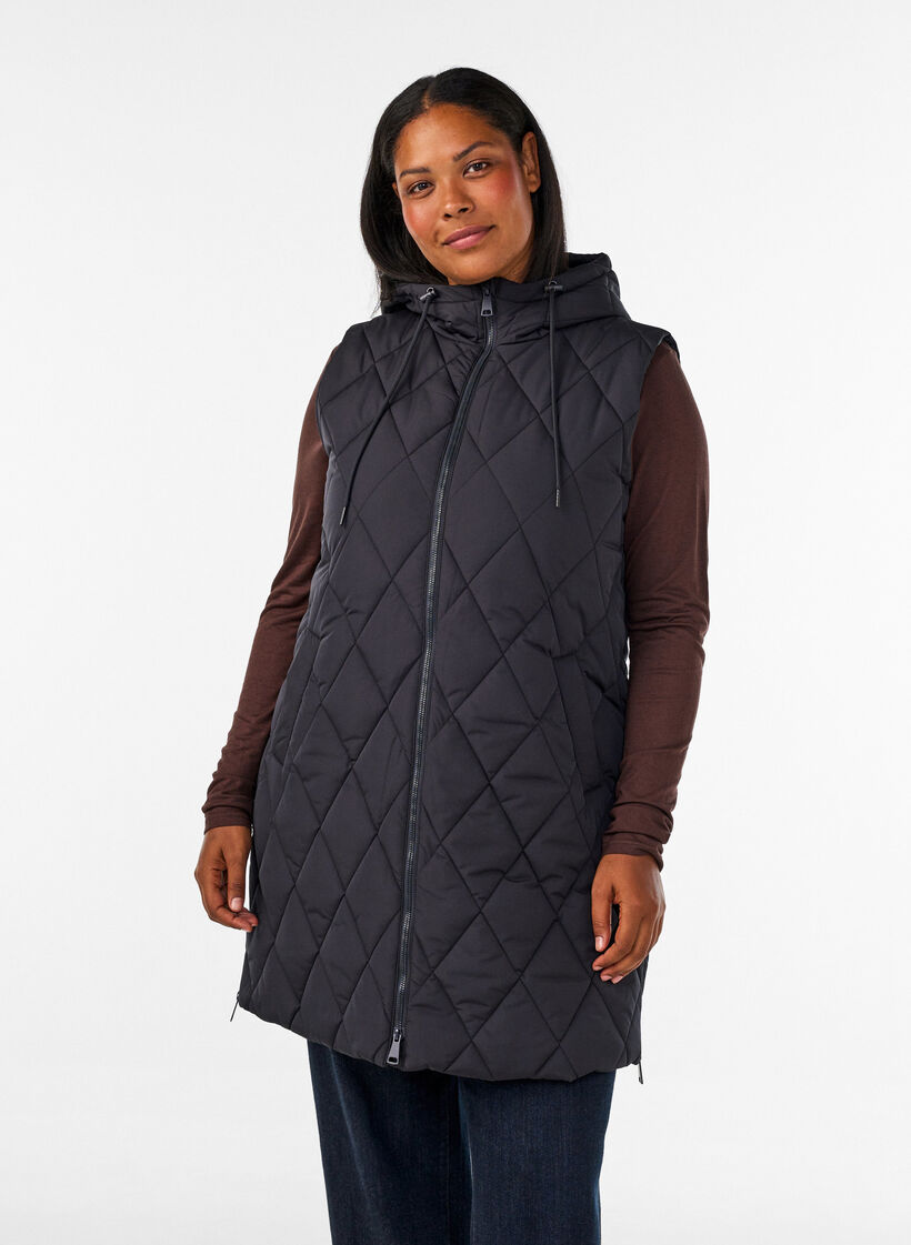 Mid-length quilted gilet with hood, Black, Model image number 0
