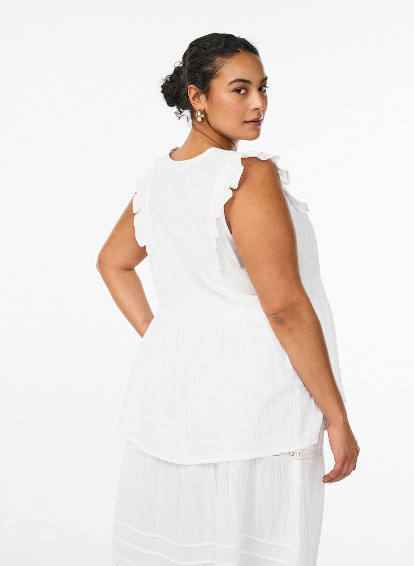 Sleeveless cotton muslin blouse with ruffles, White, Model image number 2