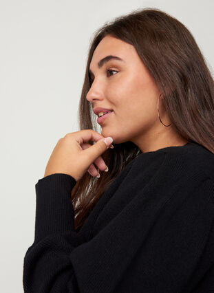 Knitted blouse with a ribbed pattern and balloon sleeves, Black, Model image number 2