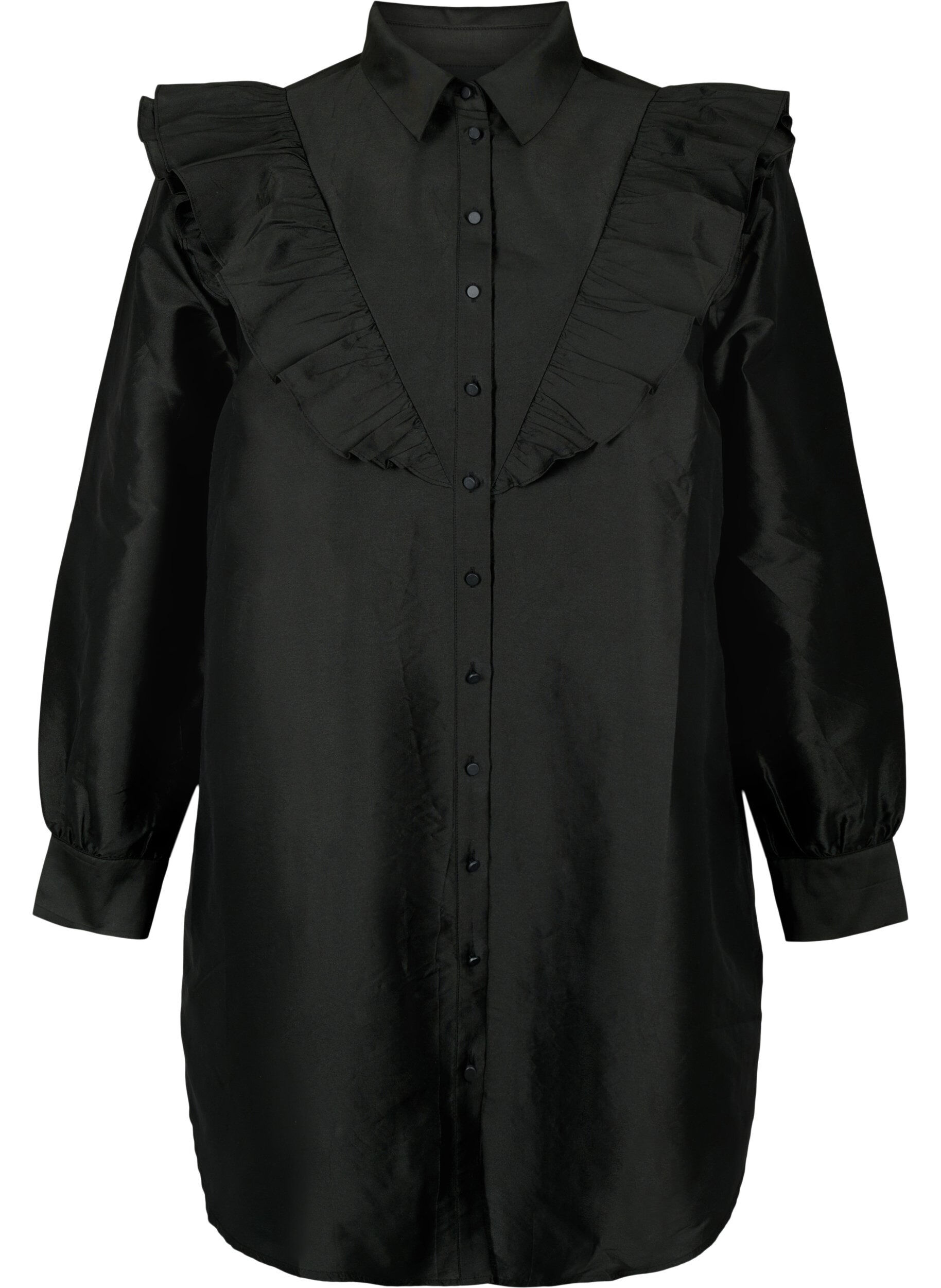 Zizzifashion Solid colored shirt with ruffle detail, Black, Packshot image number 0