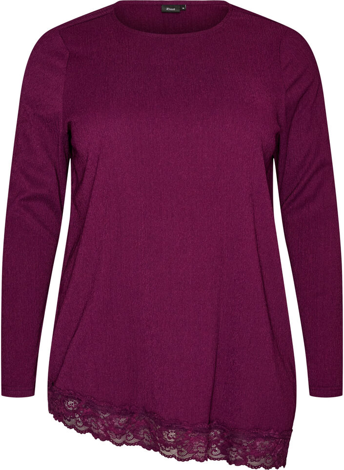 Jersey blouse with asymmetrical lace trim, Purple, Packshot image number 0