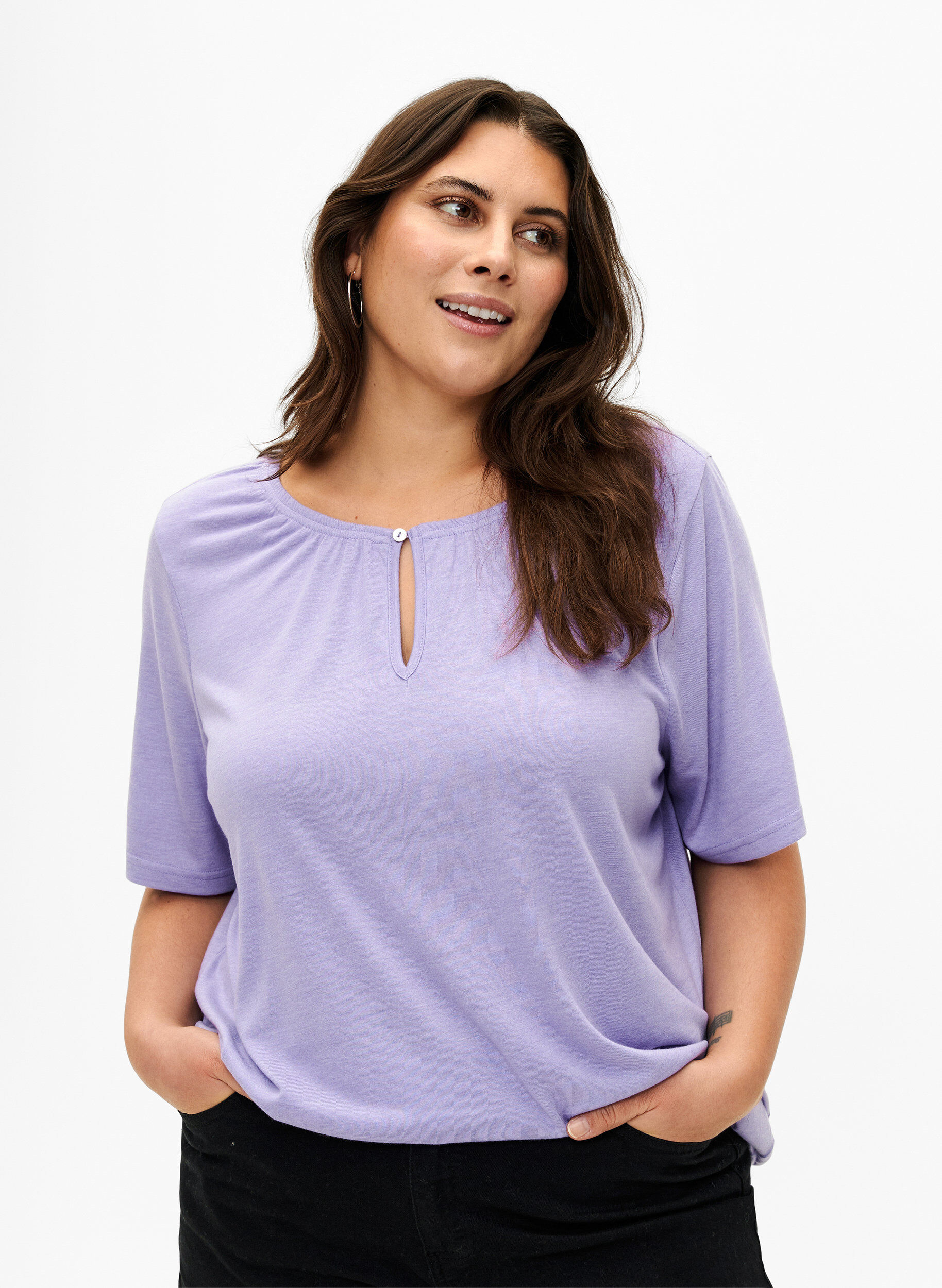Zizzifashion Melange blouse with short sleeves, Violet Tulip Mel., Model image number 0