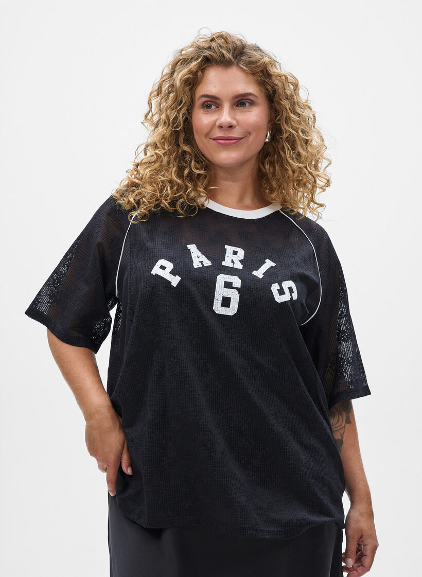 Lace T-shirt with text print, Black, Model image number 0