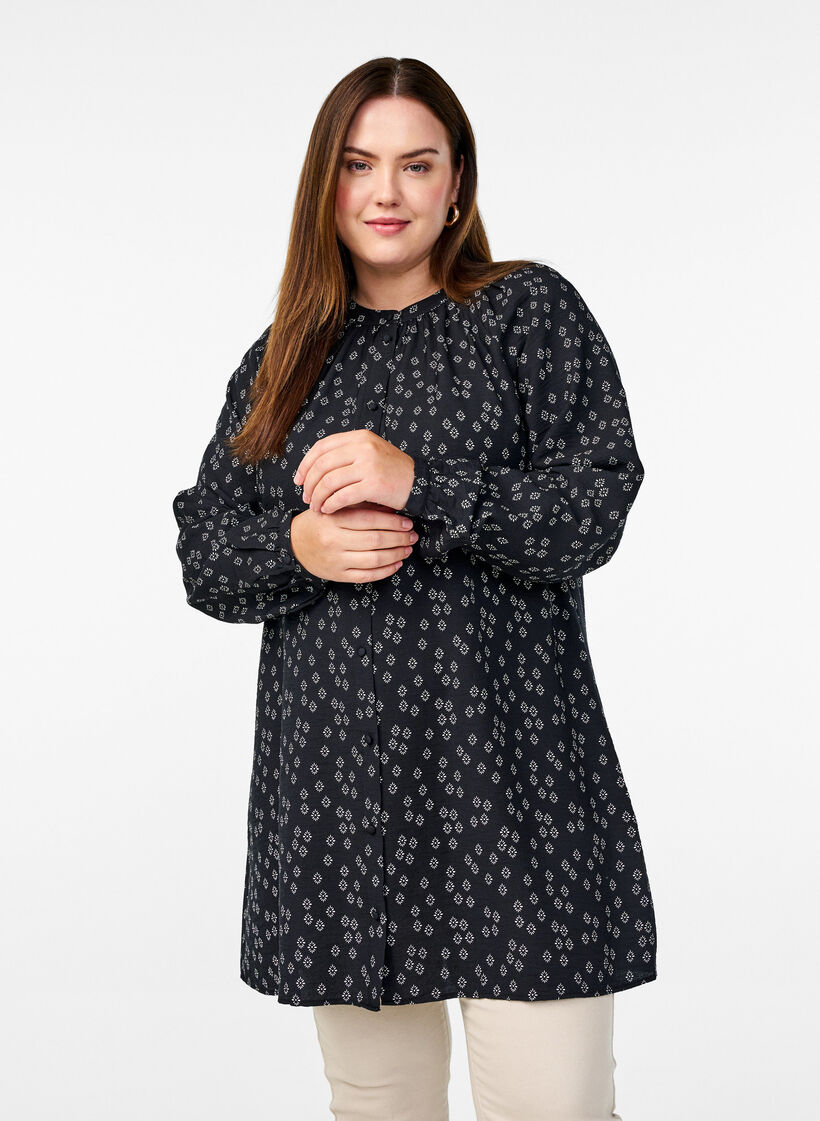 Long-sleeved tunic with floral print, Black, Model image number 0