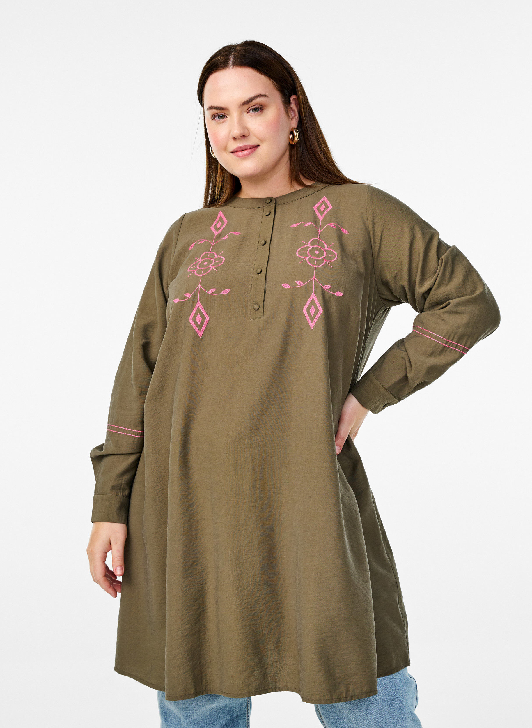 Zizzifashion Short dress with contrasting embroidery, Green, Model image number 0