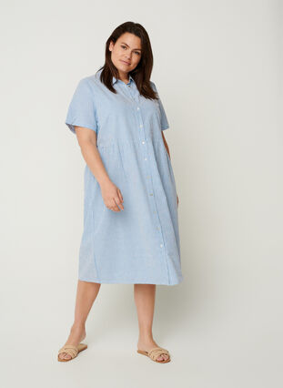 Striped cotton midi dress, Light blue denim, Model image number 2