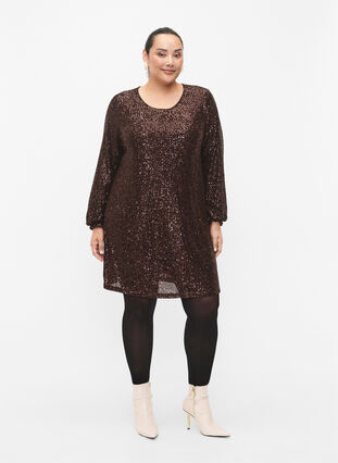 Short sequin dress with long sleeves, Chicory Coffee, Model image number 2