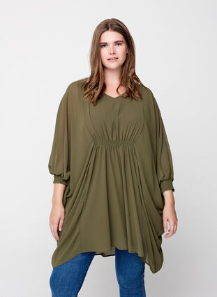 Tunic with a V-neck and smocking, Ivy green, Model image number 0
