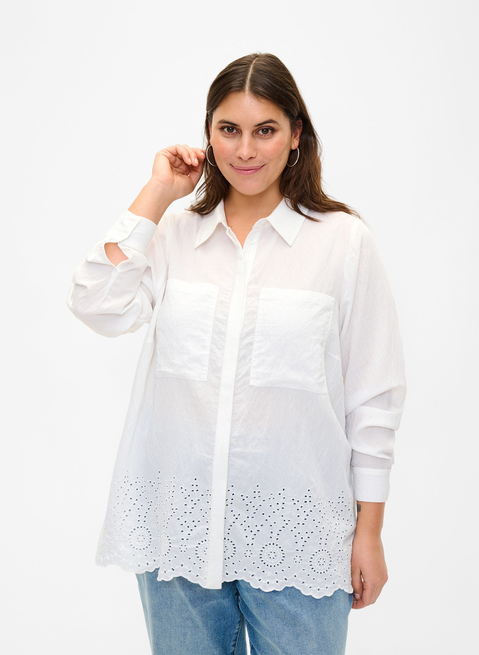 Zizzifashion Viscose shirt with broderie anglaise, Bright White, Model image number 0