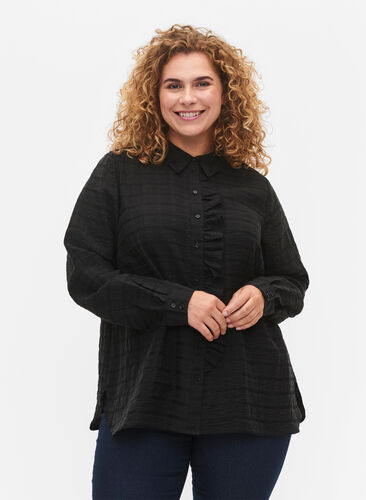 Shirt with structure and ruffle detail, Black, Model image number 0