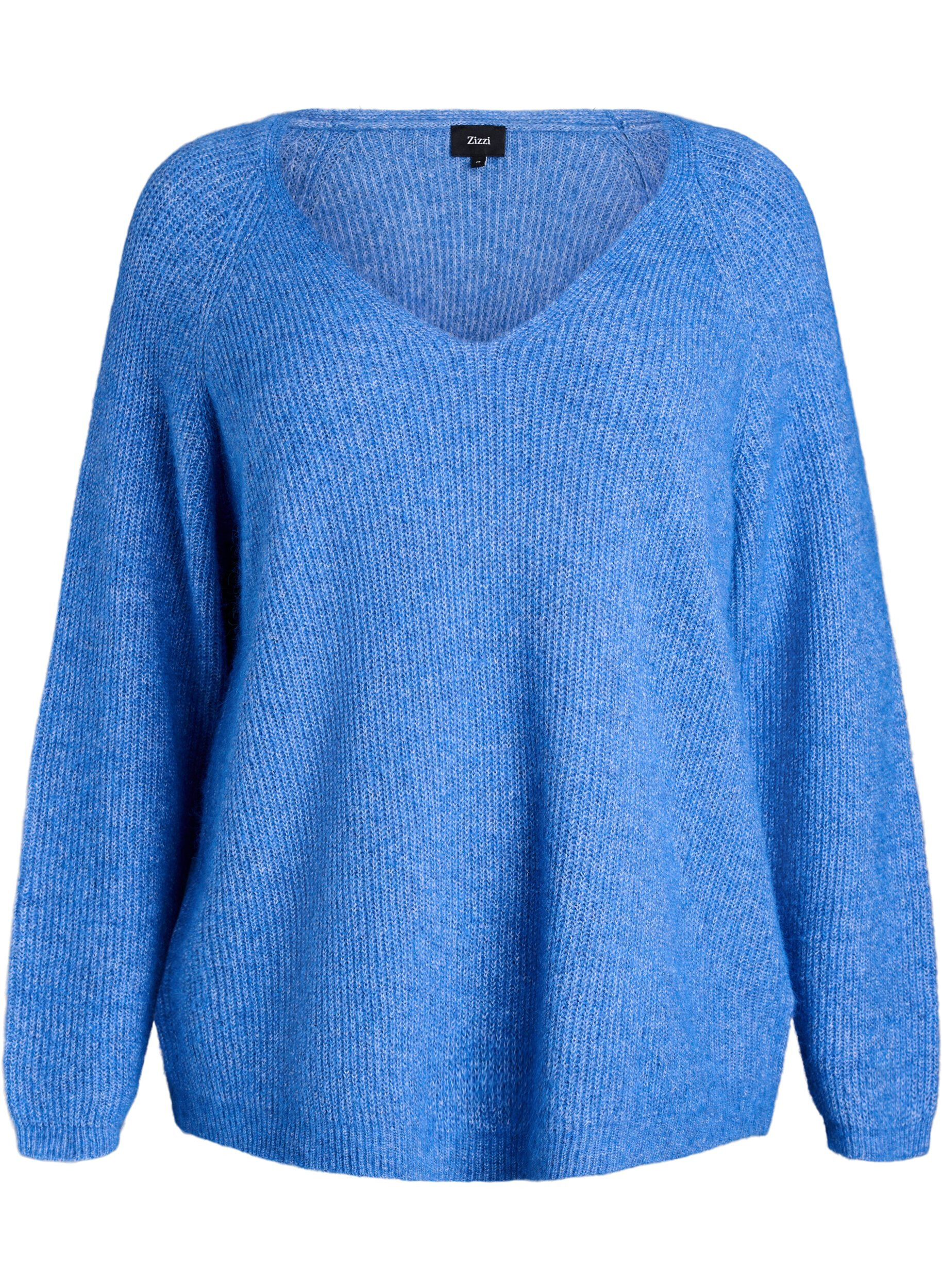 ZizzifashionKnitted blouse with V-neck and raglan sleeves, Blue, Packshot image number 0