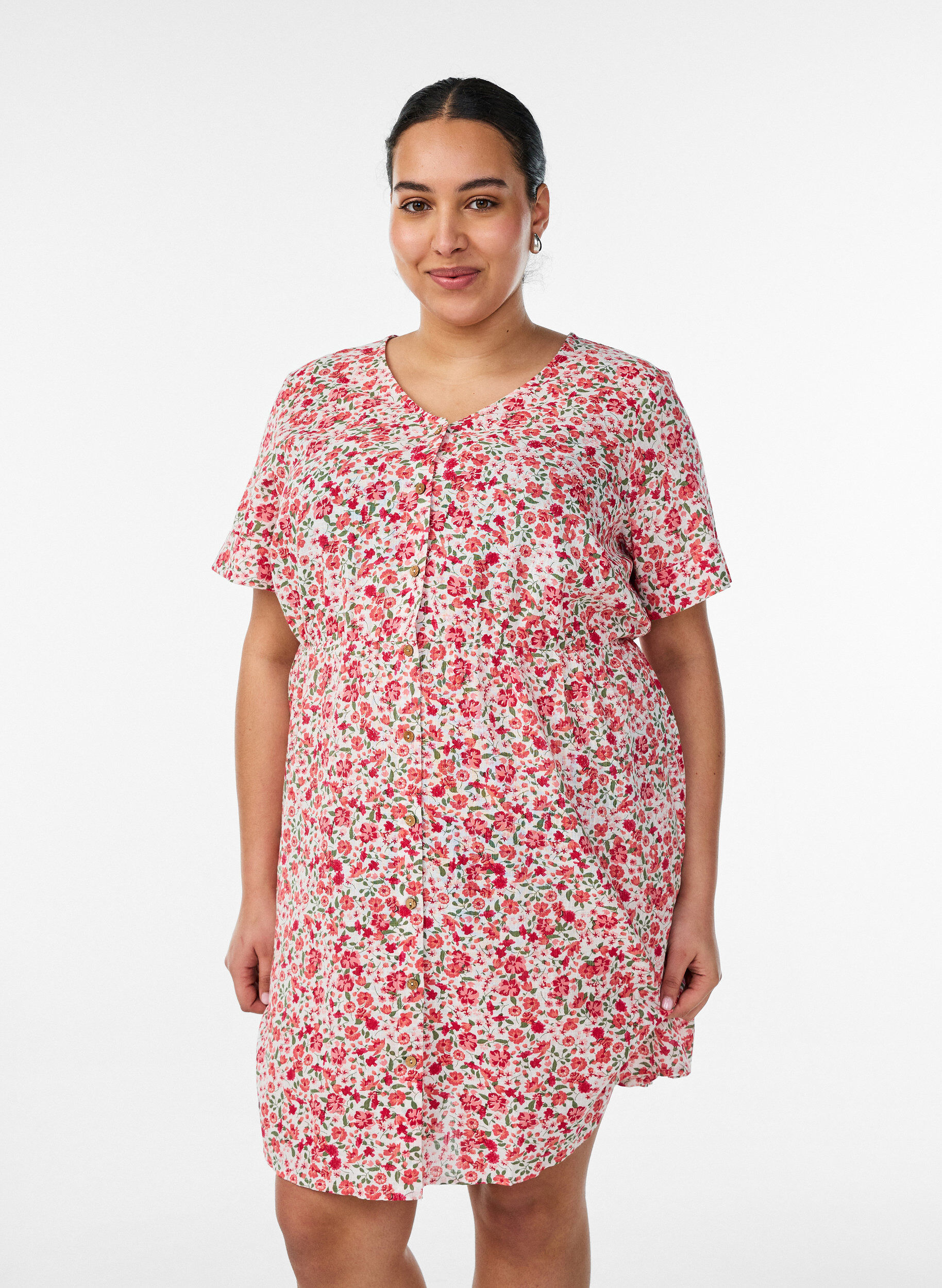 Zizzifashion Short cotton dress with floral print, Red, Model image number 0