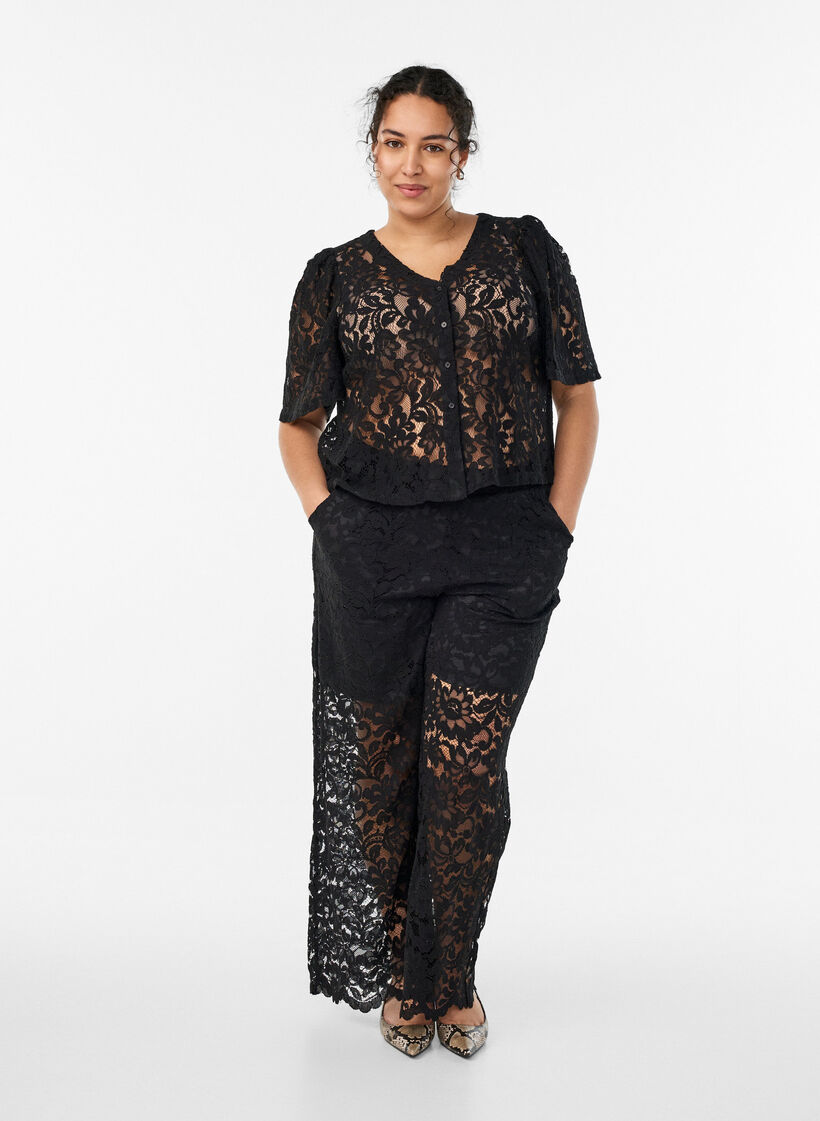 High-waisted lace trousers with straight legs, Black, Model image number 0