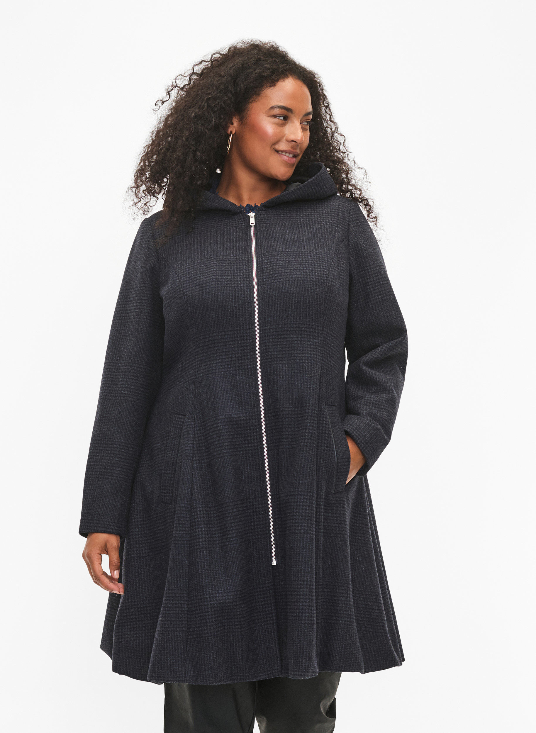 Zizzifashion Checkered coat with wool, Dark Grey Melange, Model image number 0