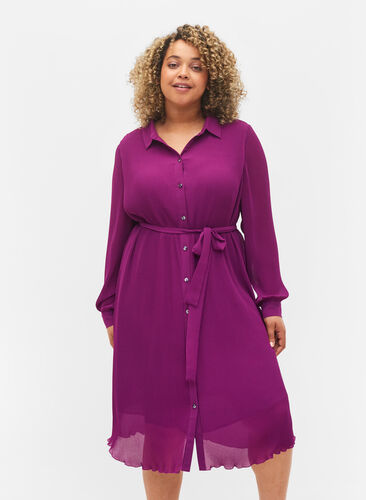 Pleated shirt dress with tie string, Grape Juice, Model image number 0