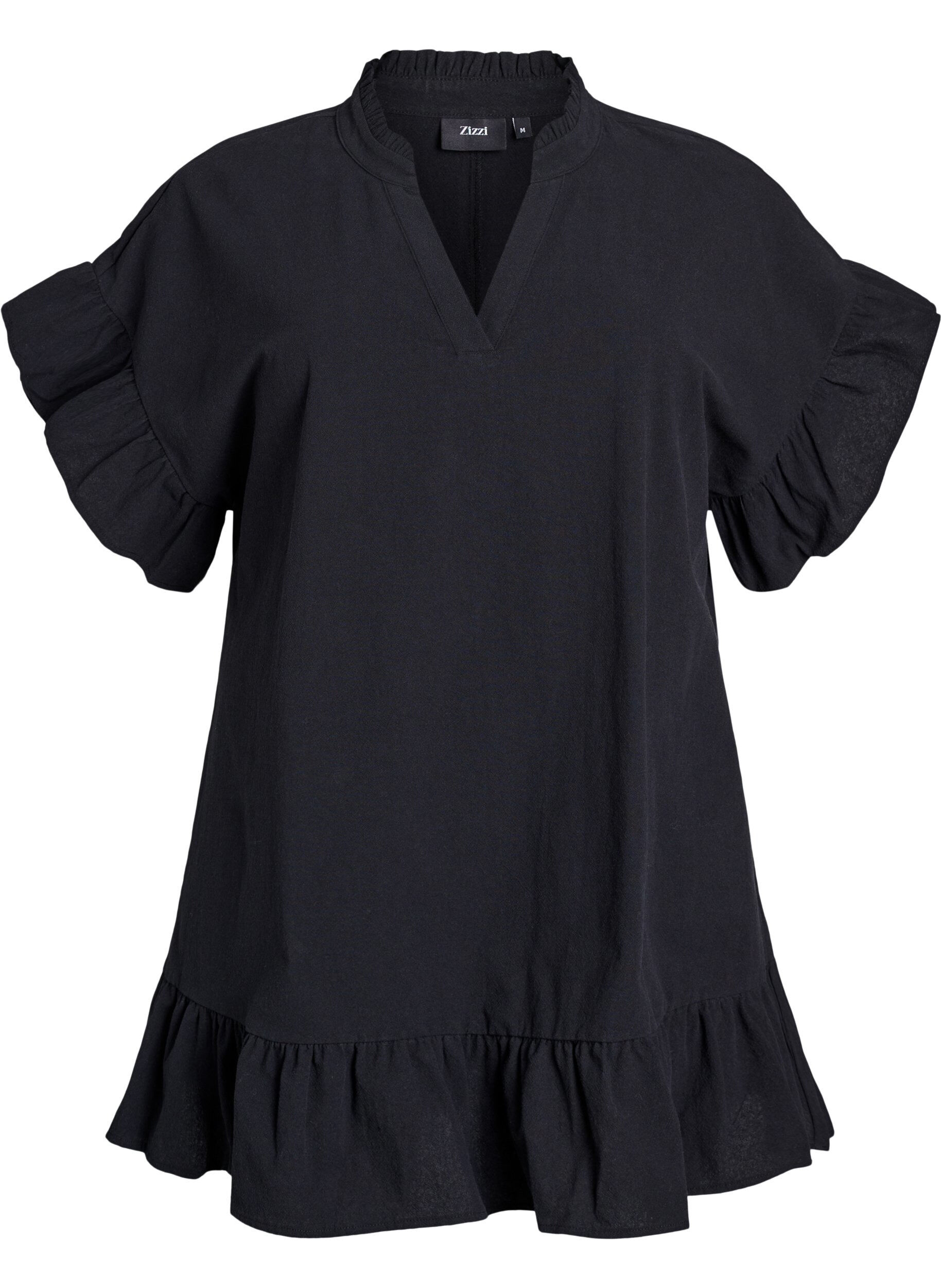 Zizzifashion Tunic with V-neck and ruffle details, Black, Packshot image number 0