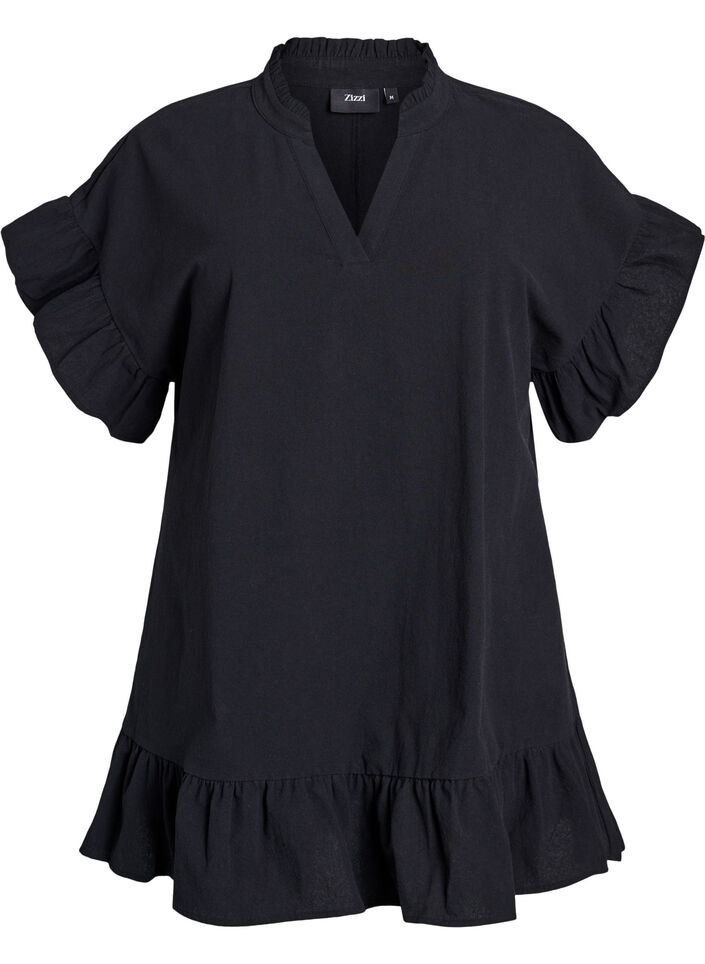 Tunic with V-neck and ruffle details, Black, Packshot image number 0