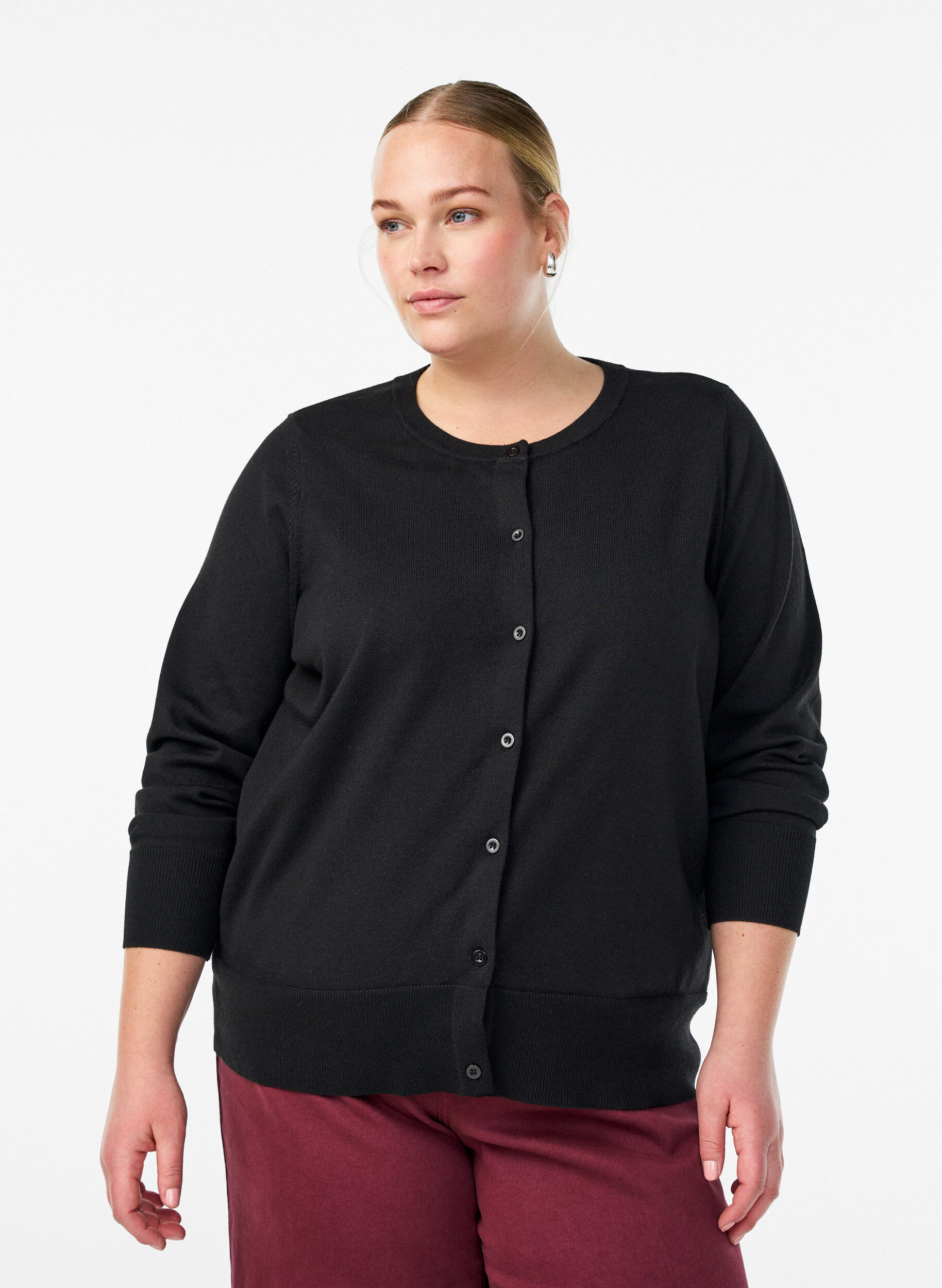 ZizzifashionFine-knit cardigan with round neck, Black, Model image number 0
