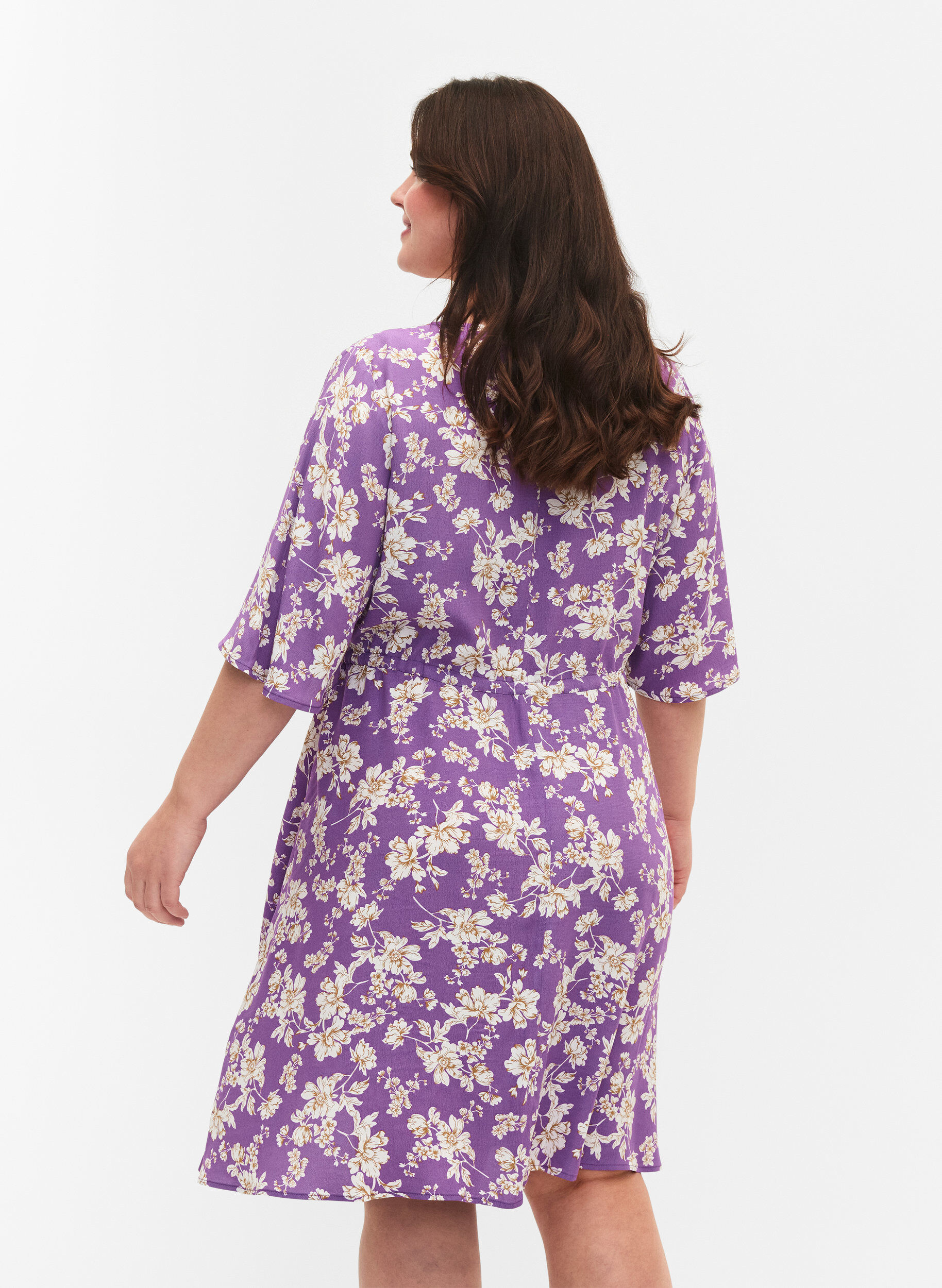 Zizzifashion Dress with 1/2 sleeves and floral print in viscose, Purple Flower AOP, Model image number 1