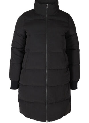 Long puffer jacket with zipper, Black, Packshot image number 0