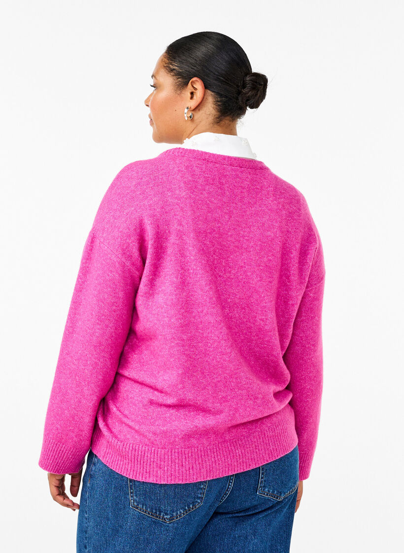 Knitted blouse with a round neck and center seam, Fuchsia Red Mel., Model image number 1