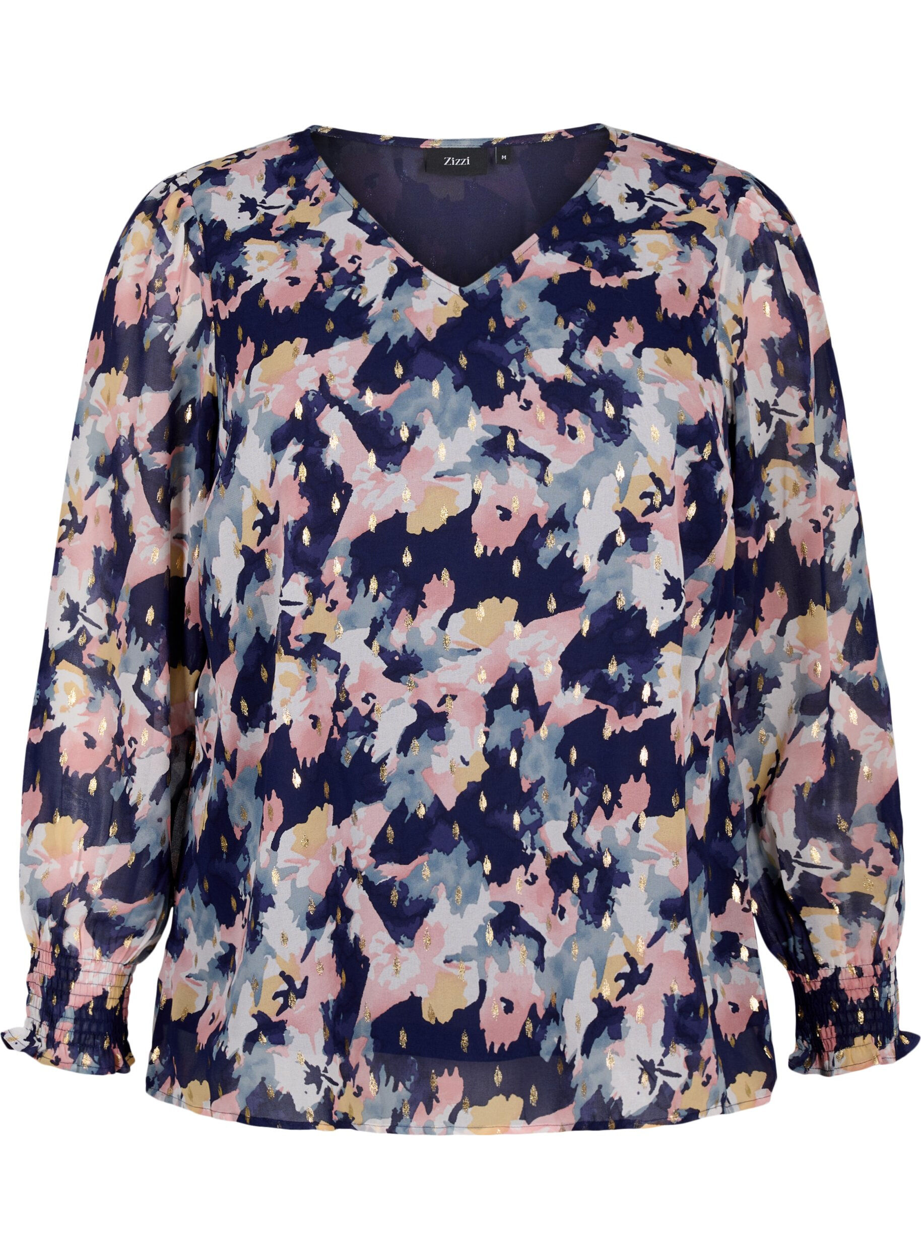 Zizzifashion Floral blouse with long sleeves and V-neck, Night Sky AOP Flower, Packshot image number 0