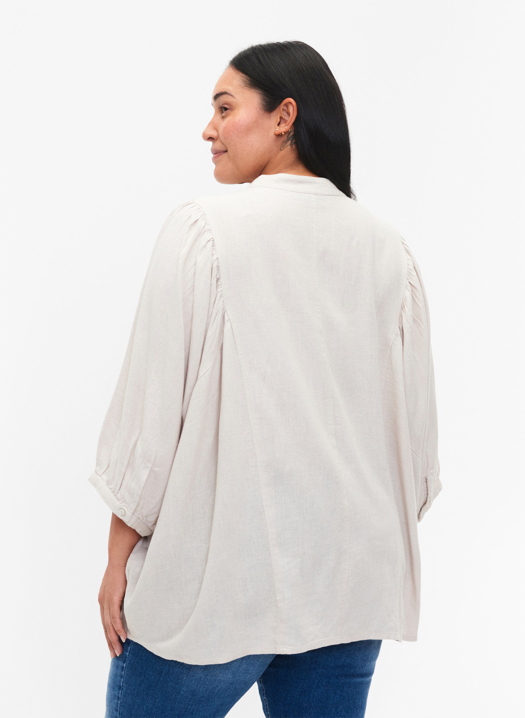 Zizzifashion Viscose-Linen Mix Shirt Blouse with 3/4 Sleeves, Moonbeam, Model image number 1