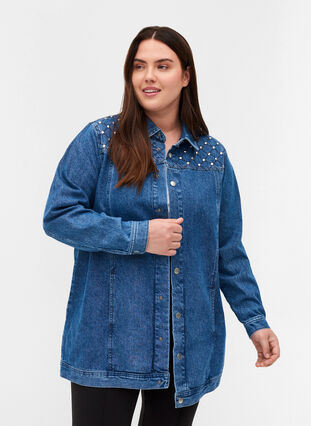 Denim Jacket in Cotton with Rivets, Blue denim ASS, Model image number 0