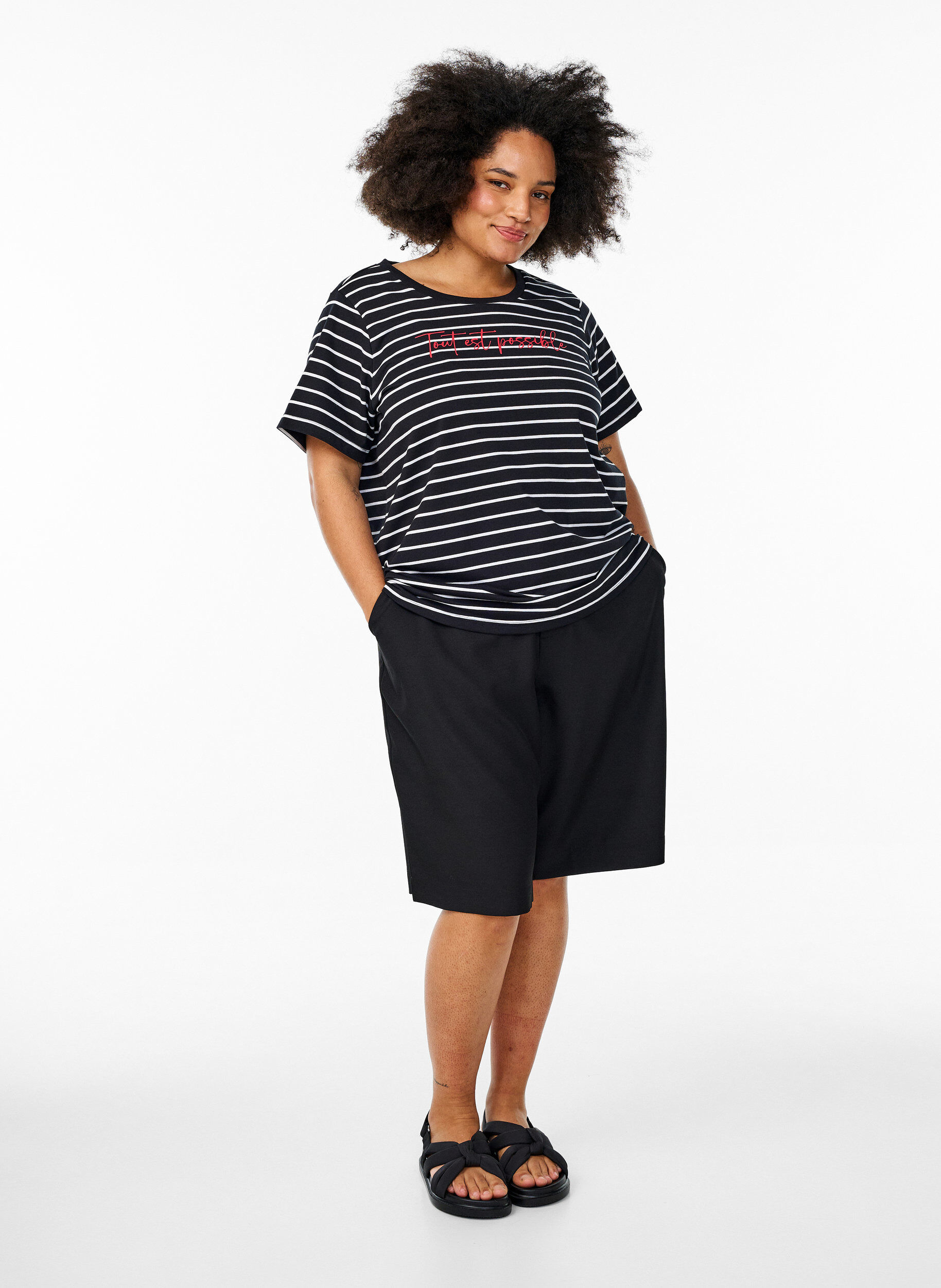 Zizzifashion Striped T-shirt with text print, Black, Model image number 1