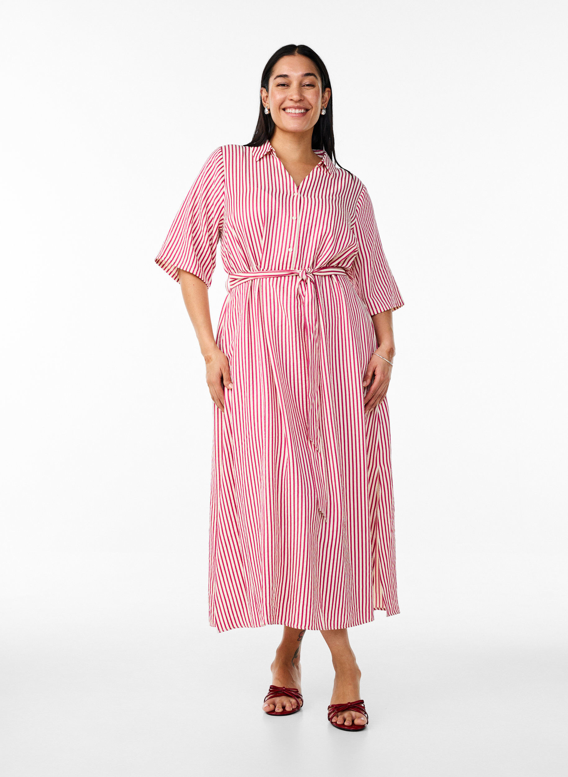 Ankle-length shirt dress with tie belt and stripes, Pink, Model